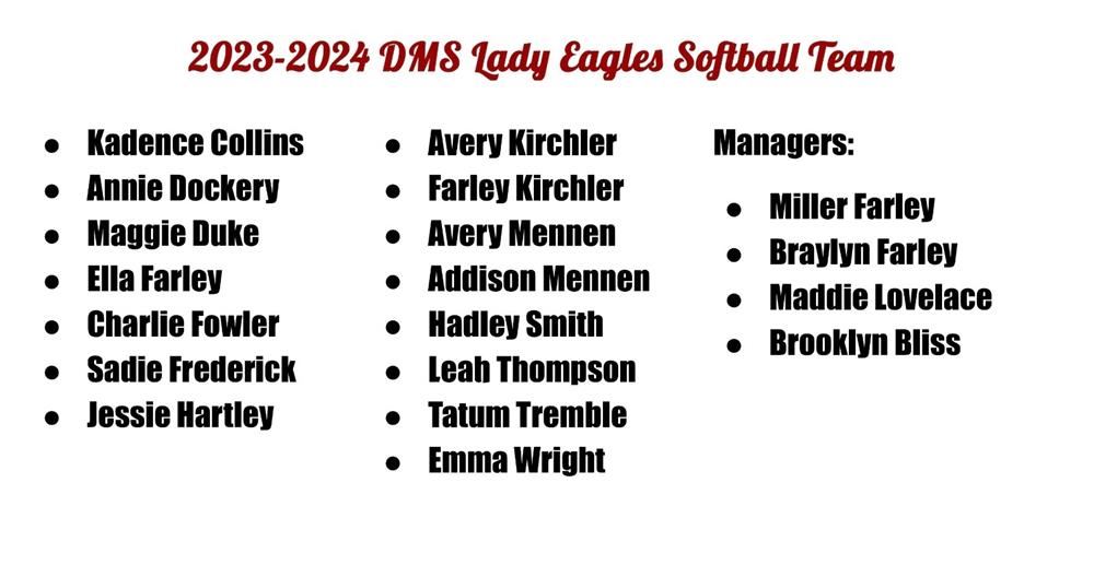 Eagles Softball Team Roster for 2023-2024